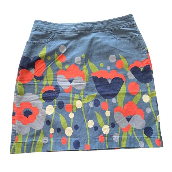 Boden Skirt Multicolor Floral Print Pockets Side Zip 100% Cotton Denim Blue Sz 8 - Picture 1 of 6